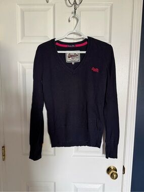 Superdry Women's Navy V-Neck Sweater with Pink Accent